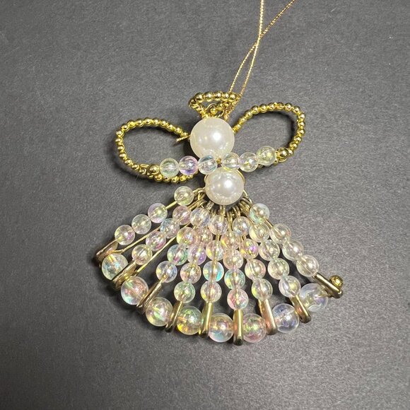 Vintage Lot of 2 Handmade Beaded Wired Christmas Angel Hanging Ornaments 2.75" - Picture 3 of 7